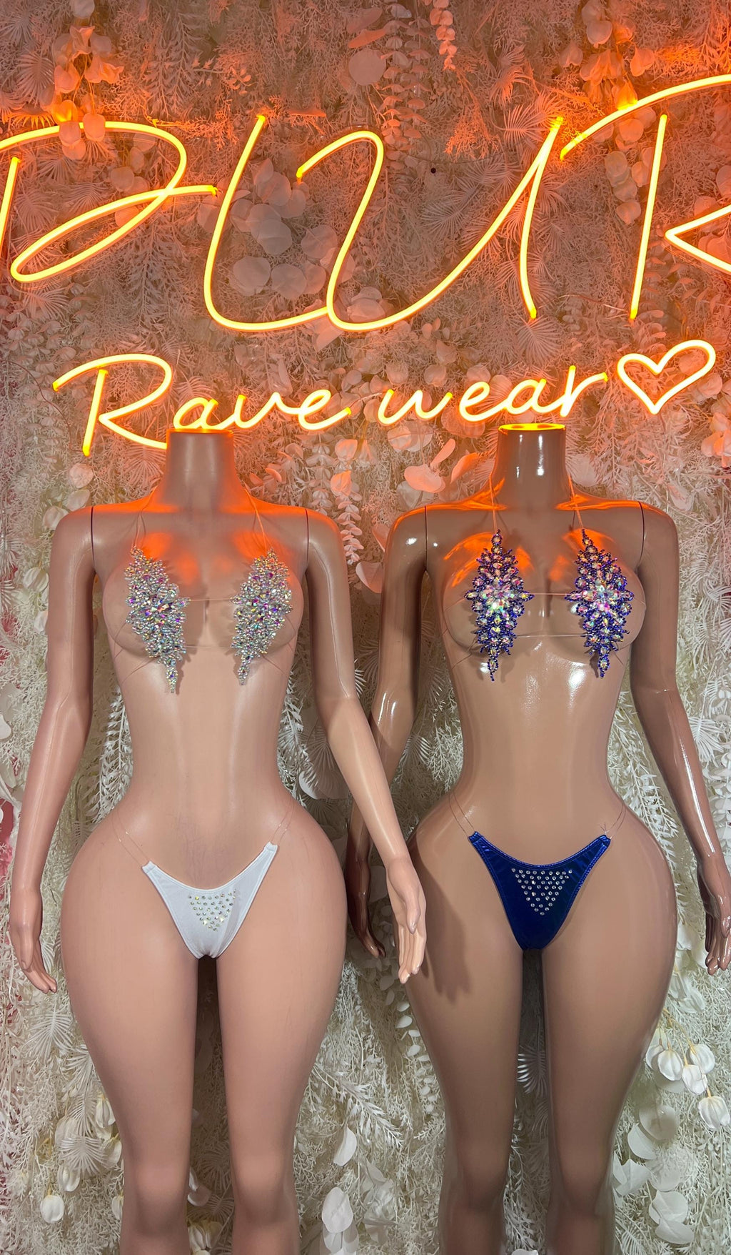 Two rhinestone bikini sets: light blue and dark blue stone bras and bottoms