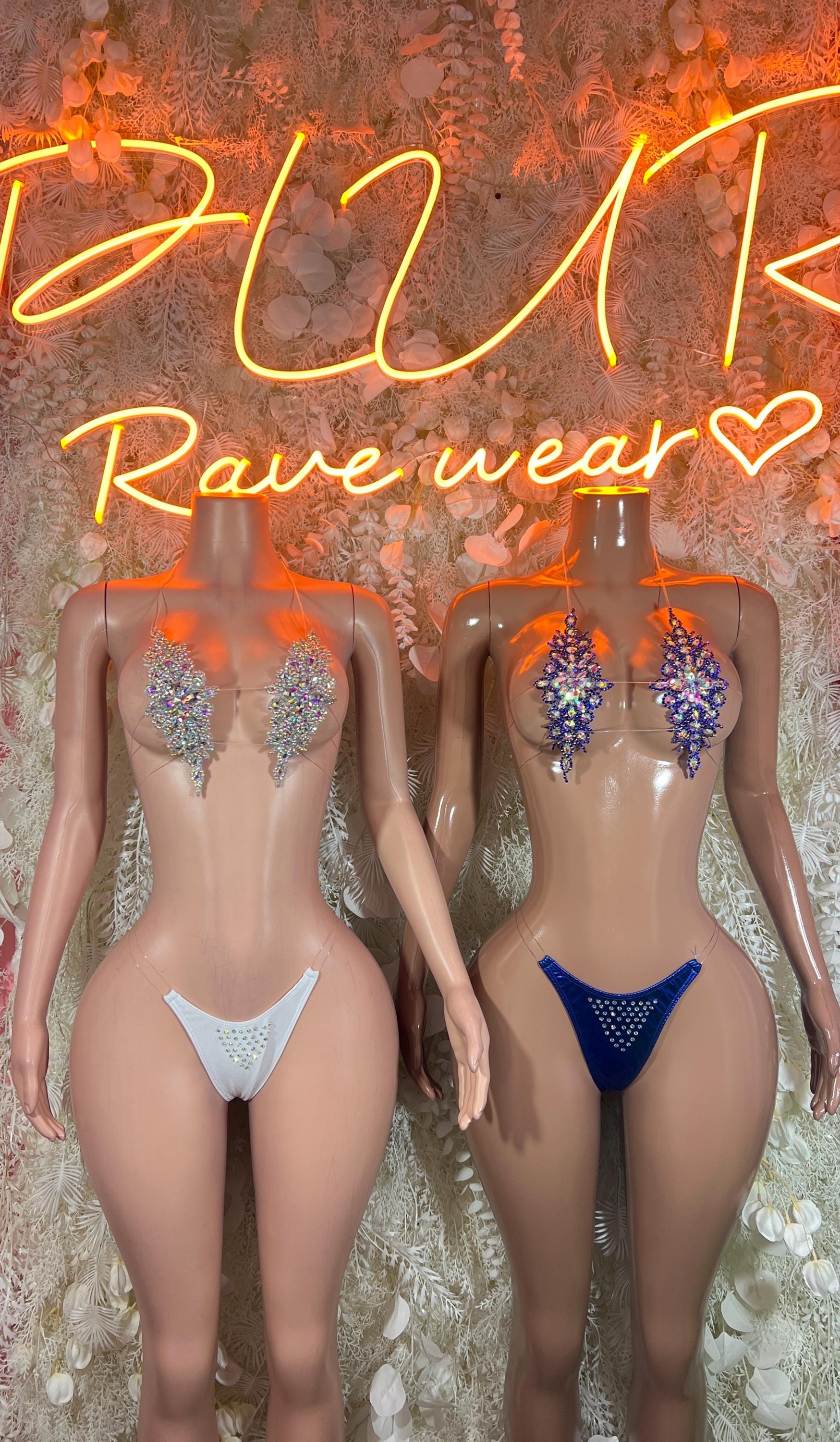 Two rhinestone bikini sets: light blue and dark blue stone bras and bottoms