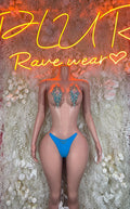 Blue rhinestone triangle bikini top and thong bottoms on mannequin, front view