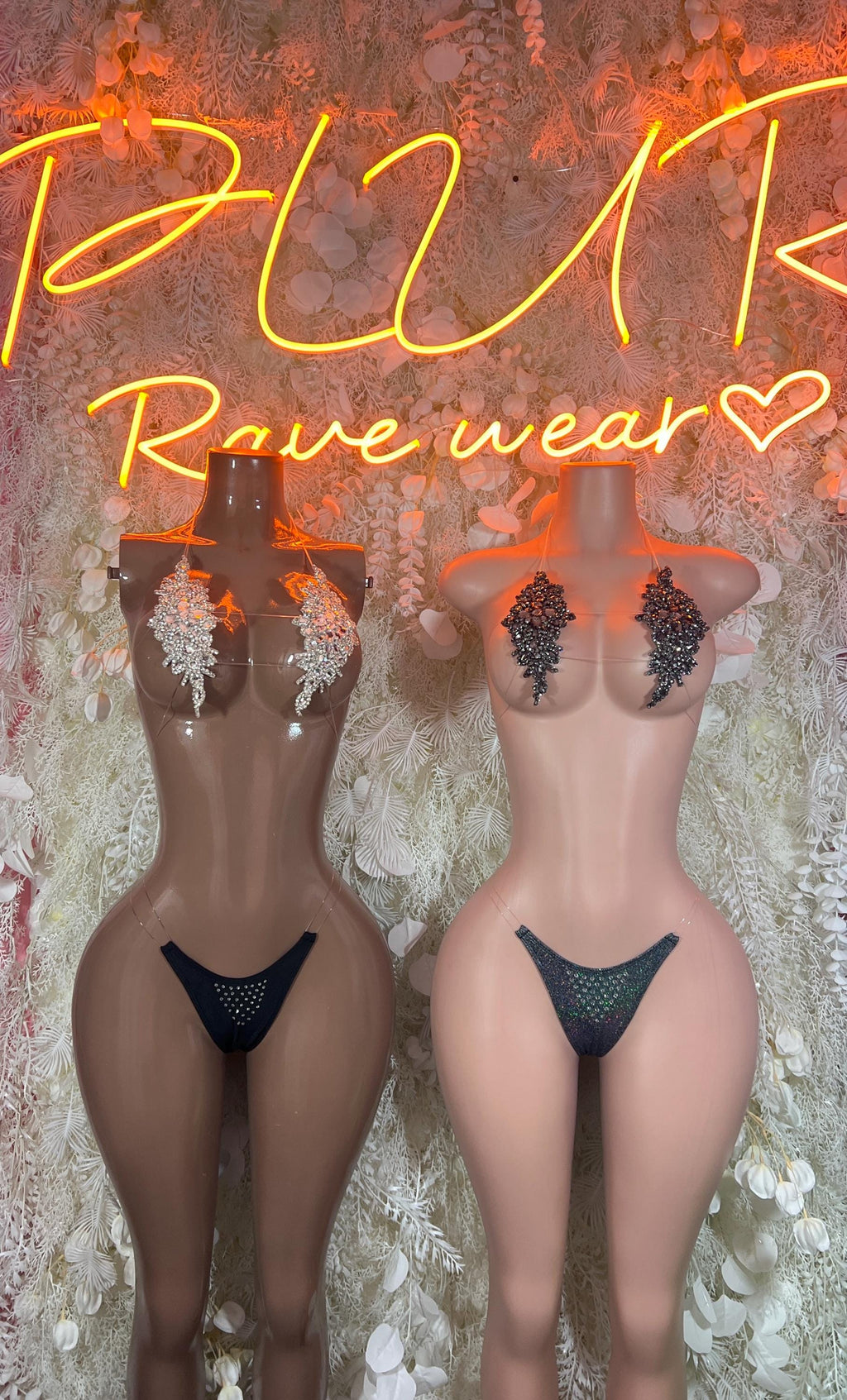 Dark rhinestone bikini with triangle bra, jeweled shoulder drops, and strappy bottoms