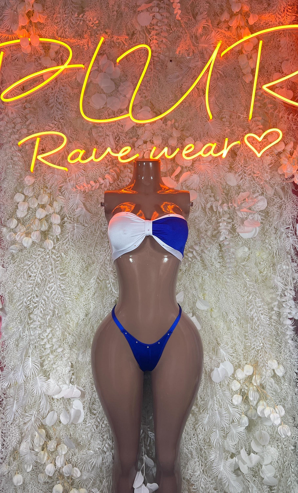 Flag-style bikini set, white and blue, strapless-style top and high-cut bottoms
