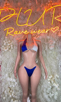 Blue and white flag triangle bikini top with cheeky bottoms, front view