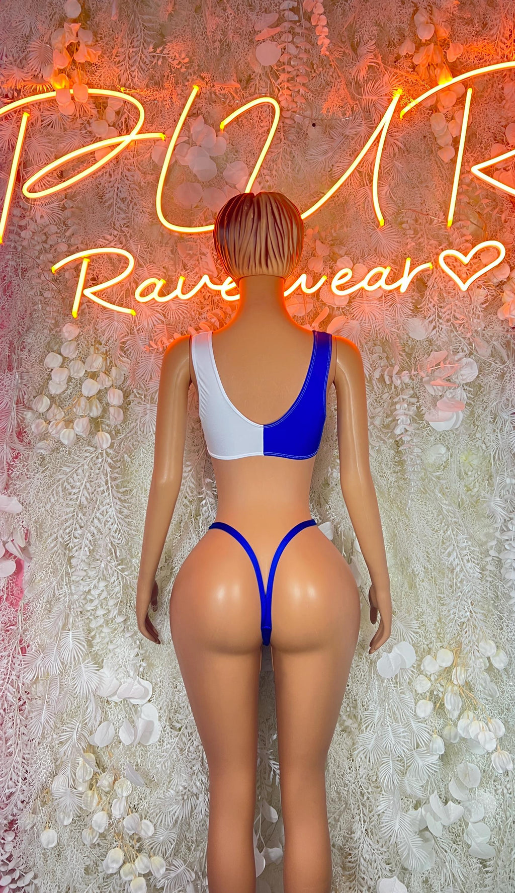 Blue string bikini swimsuit, back view, tied shoulder straps