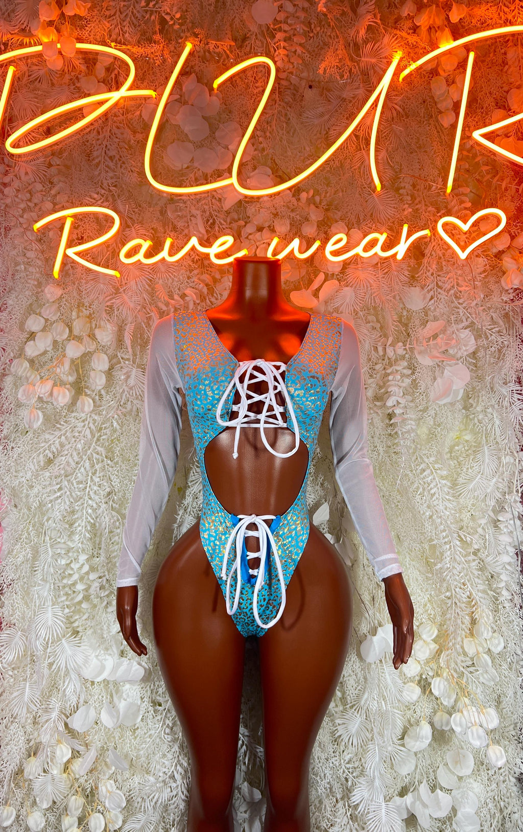 Teal glitter bodysuit with lace-up front and sheer long sleeves