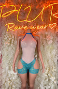 Teal cheetah-print dance bodysuit with high-cut shorts and side cutouts