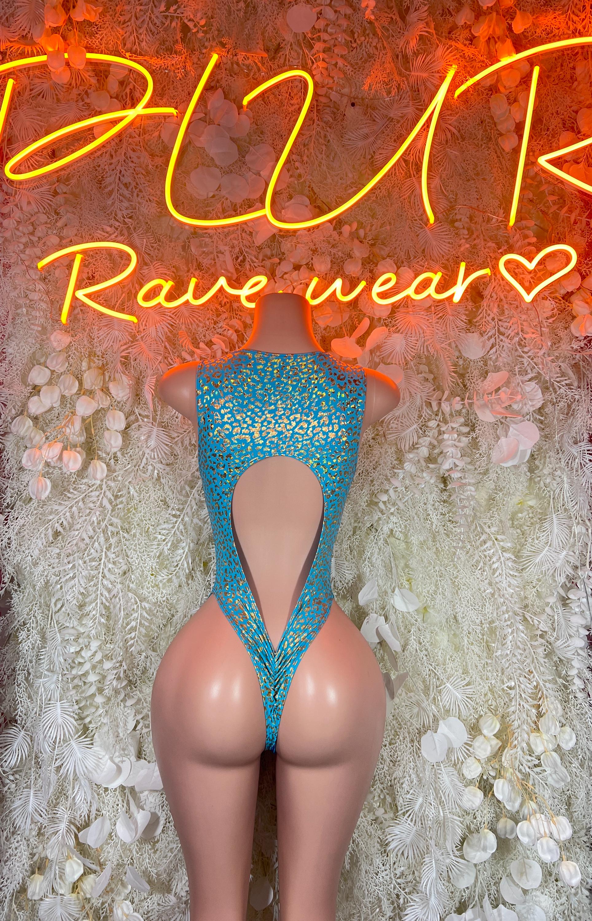 Teal cheetah-print thong-style bodysuit with open back and crisscross ties
