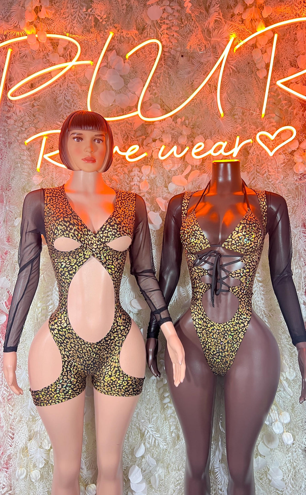 Gold cheetah print long-sleeve bodysuit with V neckline and waist cutout