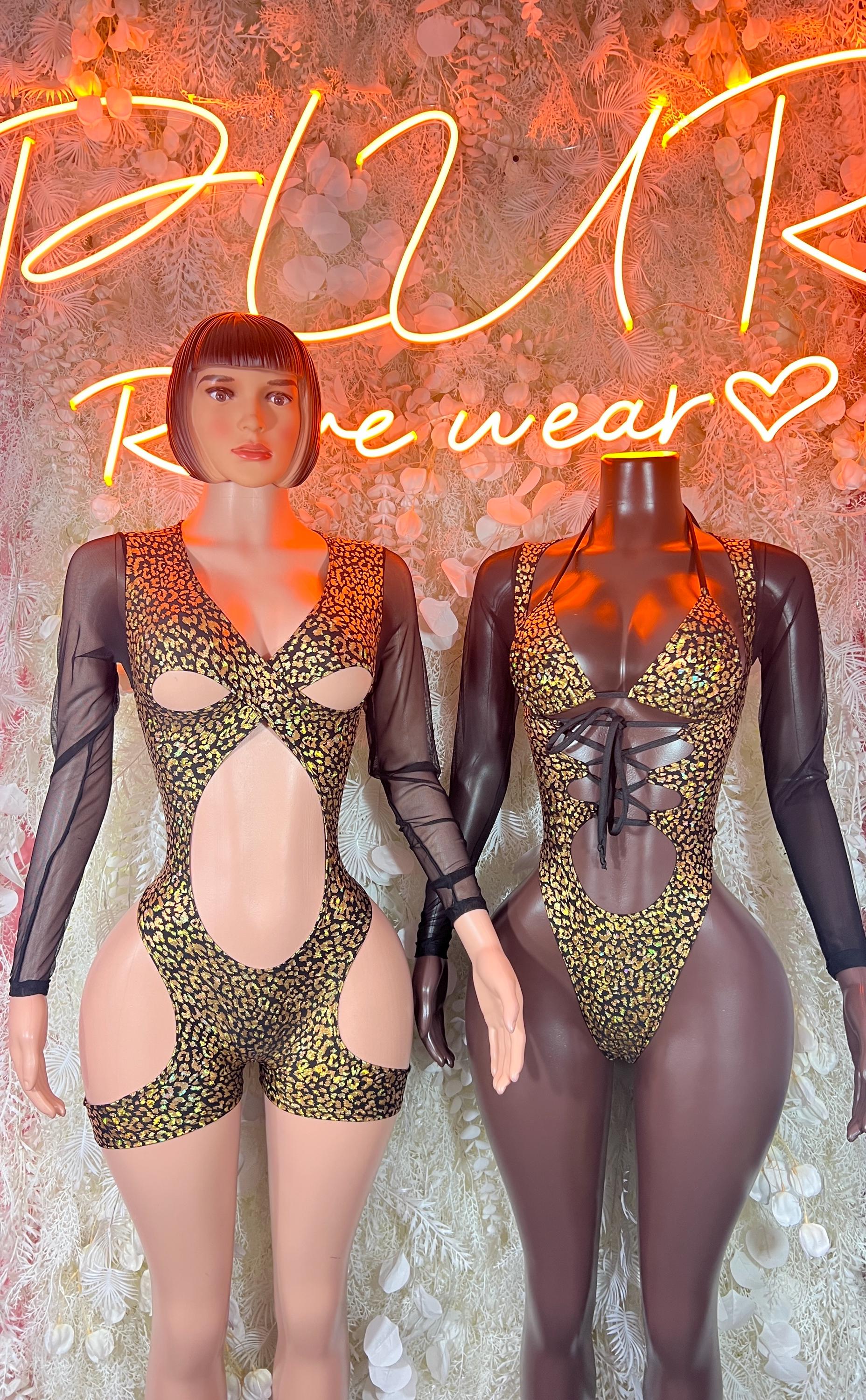 Gold cheetah print long-sleeve bodysuit with V neckline and waist cutout