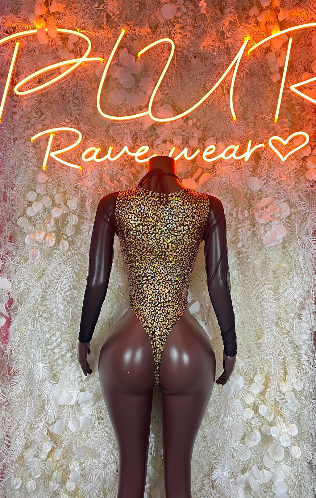 Gold cheetah print sleeved bodysuit with deep V front and thong-style bottom
