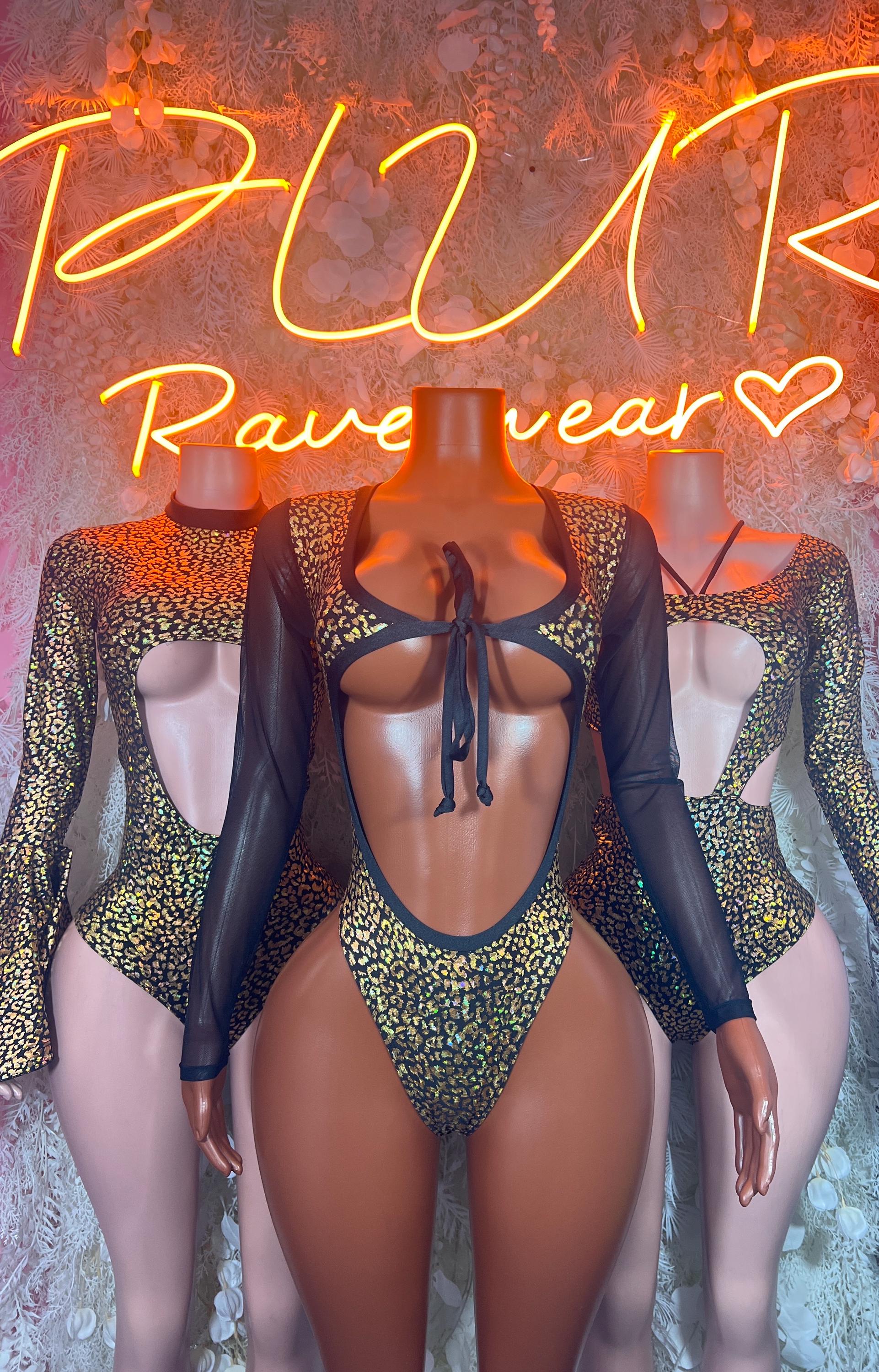 Gold cheetah-pattern bodysuit with flare sleeves and open-back bow