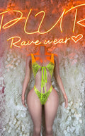 Neon green cheetah print bodysuit with front tie and strappy back