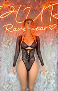 Black fishnet bodysuit with long sleeves, V-cut lace-up front and thong back