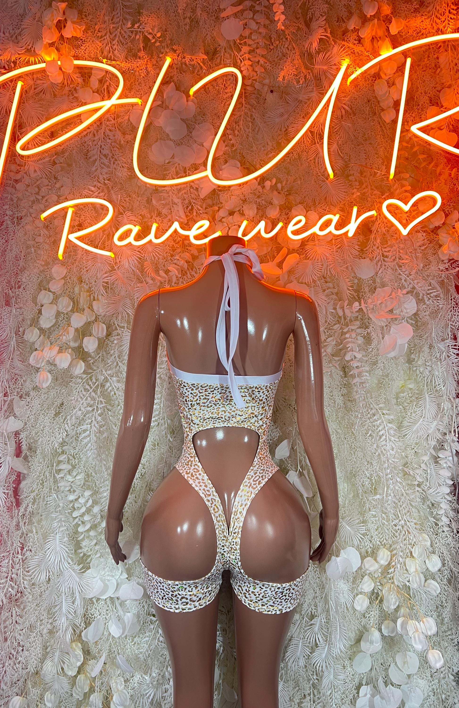 White cheetah-print rave bodysuit with open back and high-cut legs