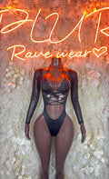 Black lace-up sheer-sleeve bodysuit with cutout bust and low-leg one-piece