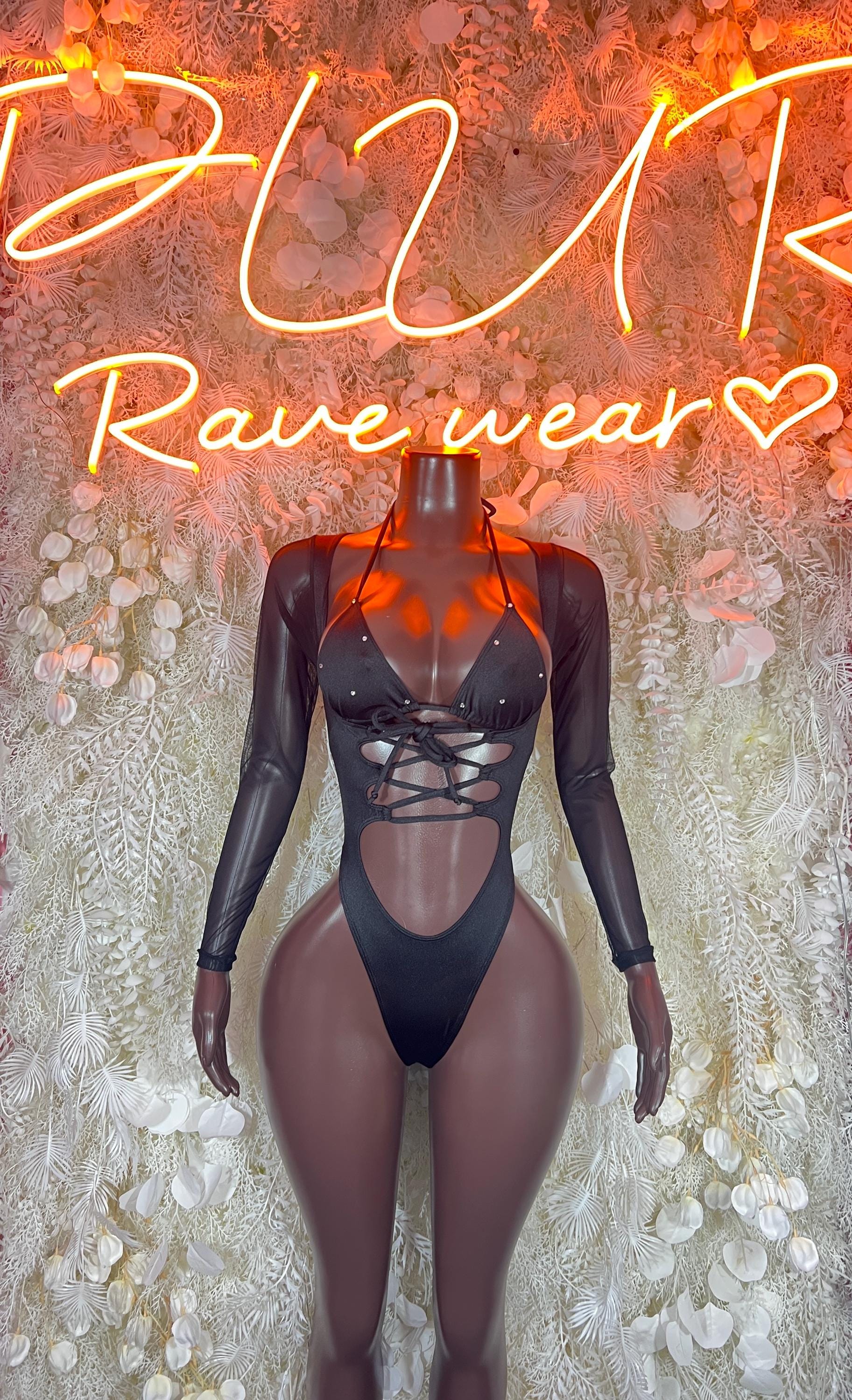 Black lace-up sheer-sleeve bodysuit with cutout bust and low-leg one-piece