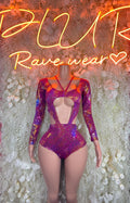 Purple metallic long-sleeve bodysuit with sweetheart neckline and front cutouts
