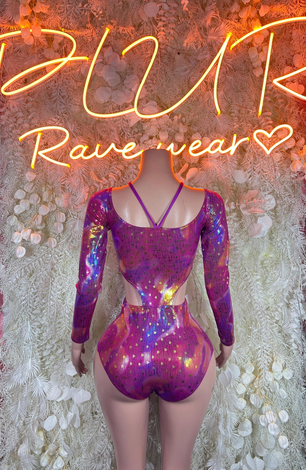 Purple metallic long-sleeve bodysuit with sweetheart neckline and open back