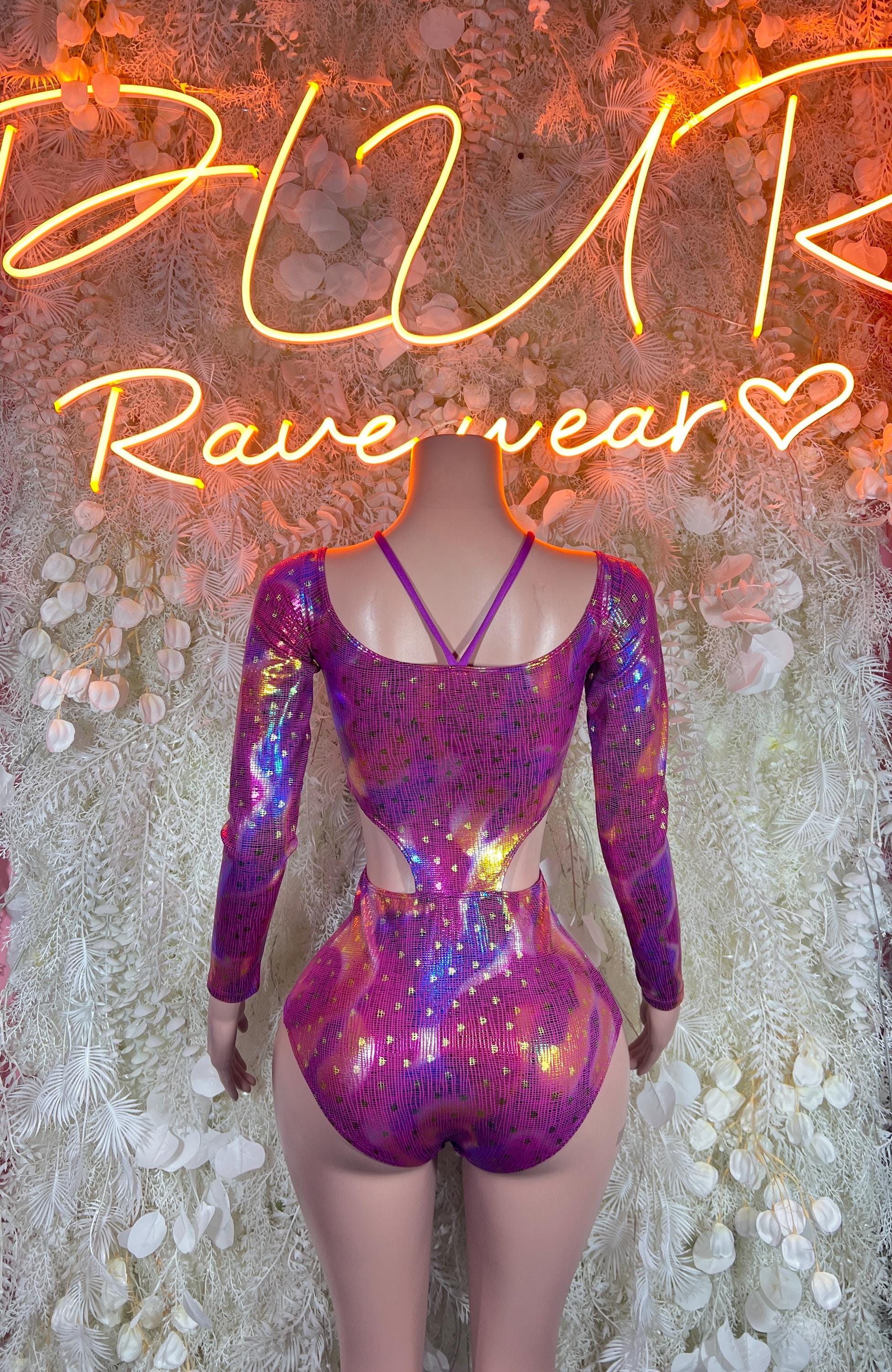 Purple metallic long-sleeve bodysuit with sweetheart neckline and open back
