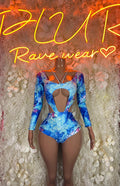 Blue long-sleeve rave bodysuit with scoop neck and backless cutout, printed pattern