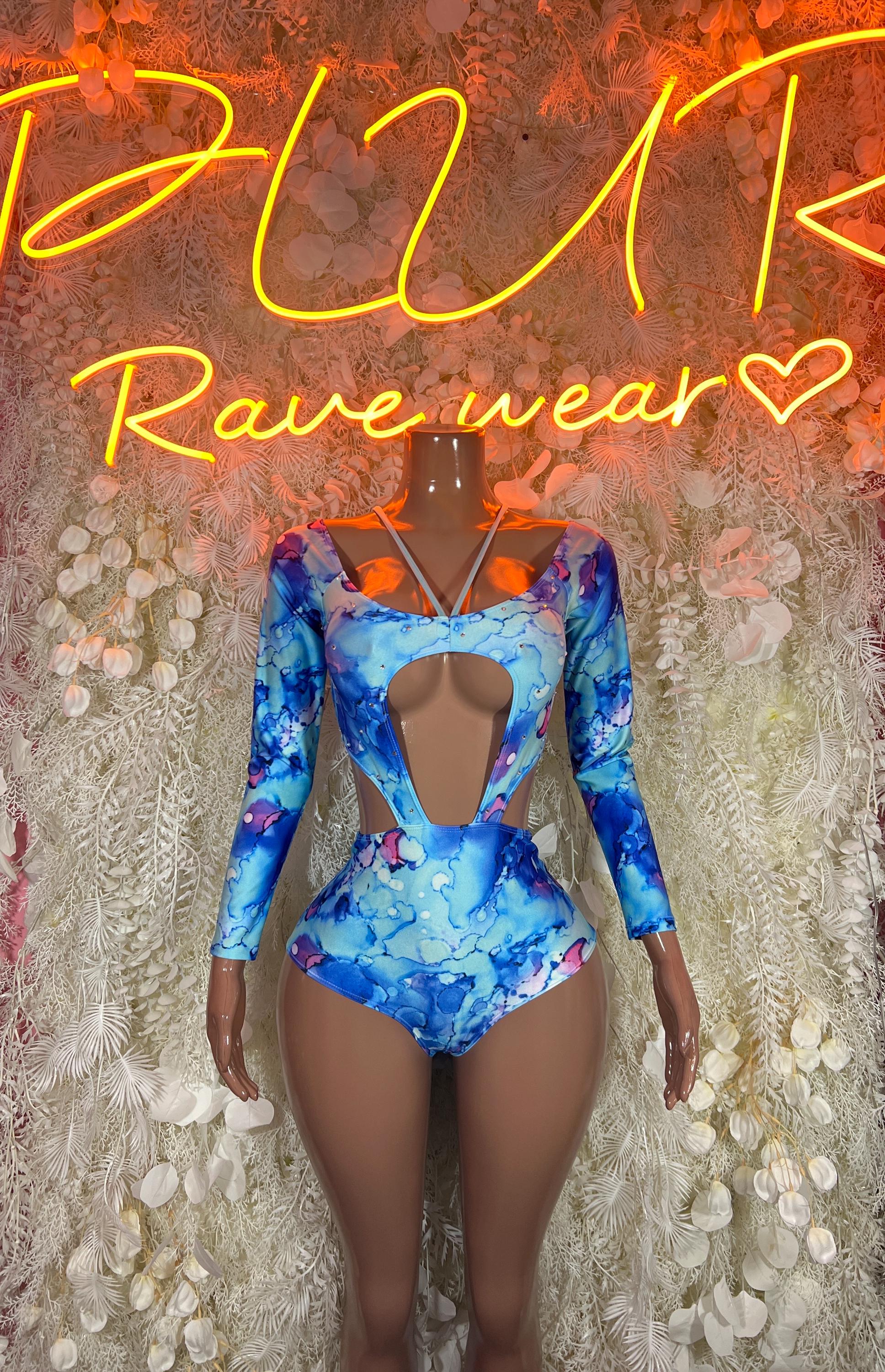 Blue long-sleeve rave bodysuit with scoop neck and backless cutout, printed pattern