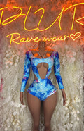 Blue printed long-sleeve bodysuit with V-neck, fitted one-piece club outfit.
