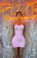 Pink rhinestone strapless bodycon mini dress with sweetheart neckline, fitted.