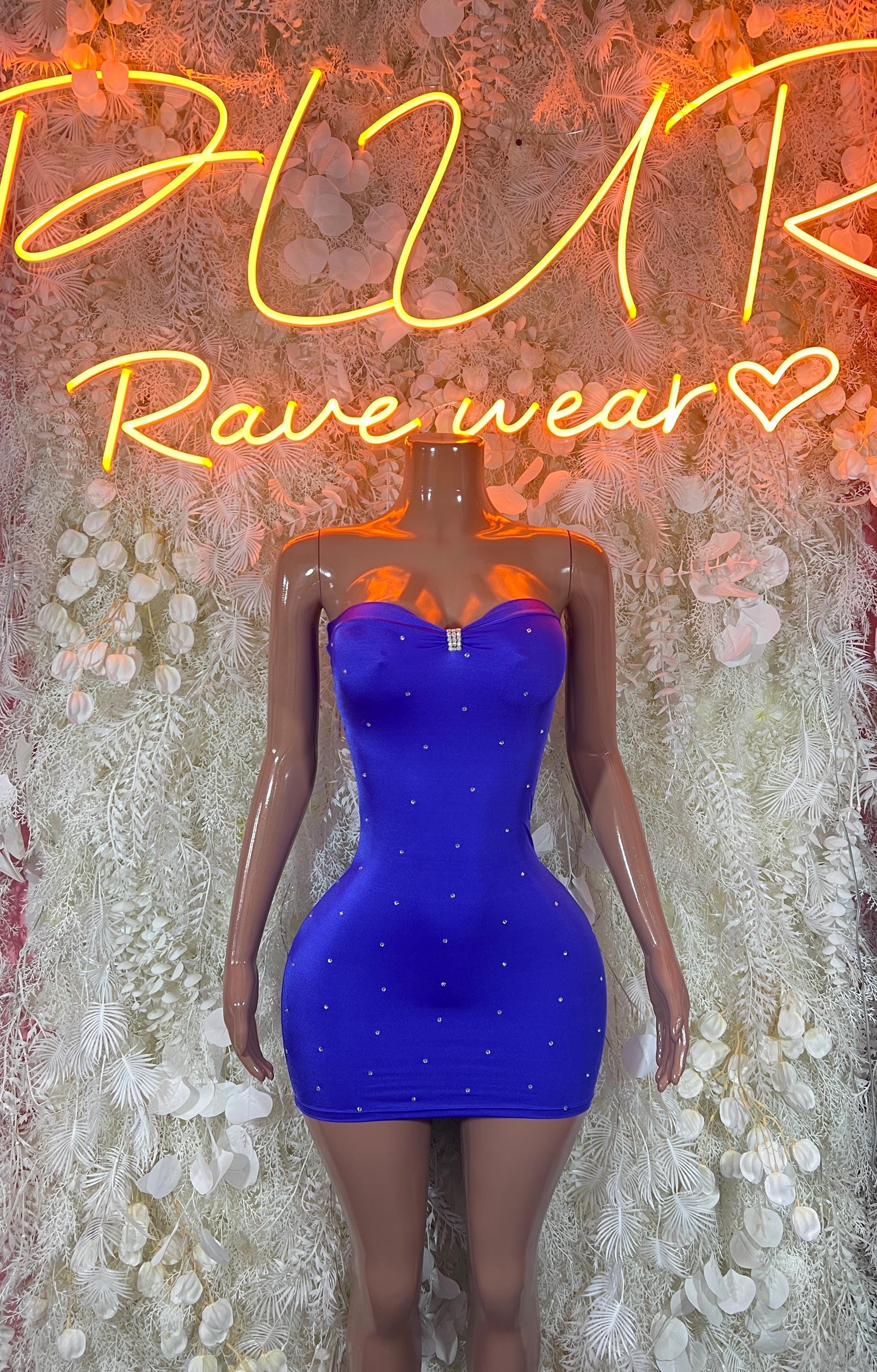 Blue rhinestone mini dress with sweetheart neckline and fitted bodycon silhouette