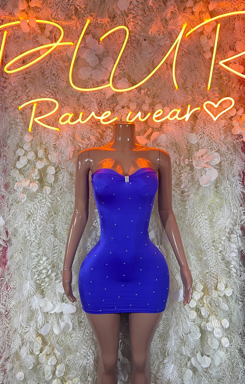 Blue rhinestone mini dress with sweetheart neckline and fitted bodycon silhouette