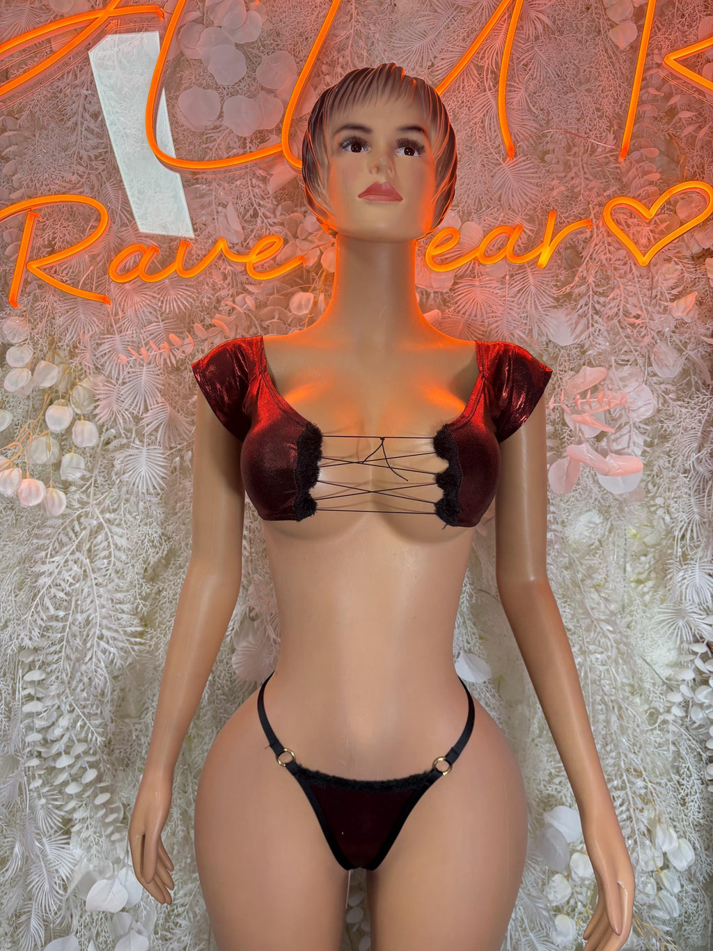 Burgundy off-shoulder lingerie bra and black strappy thong underwear set