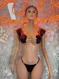 Burgundy off-shoulder lingerie bra and black strappy thong underwear set