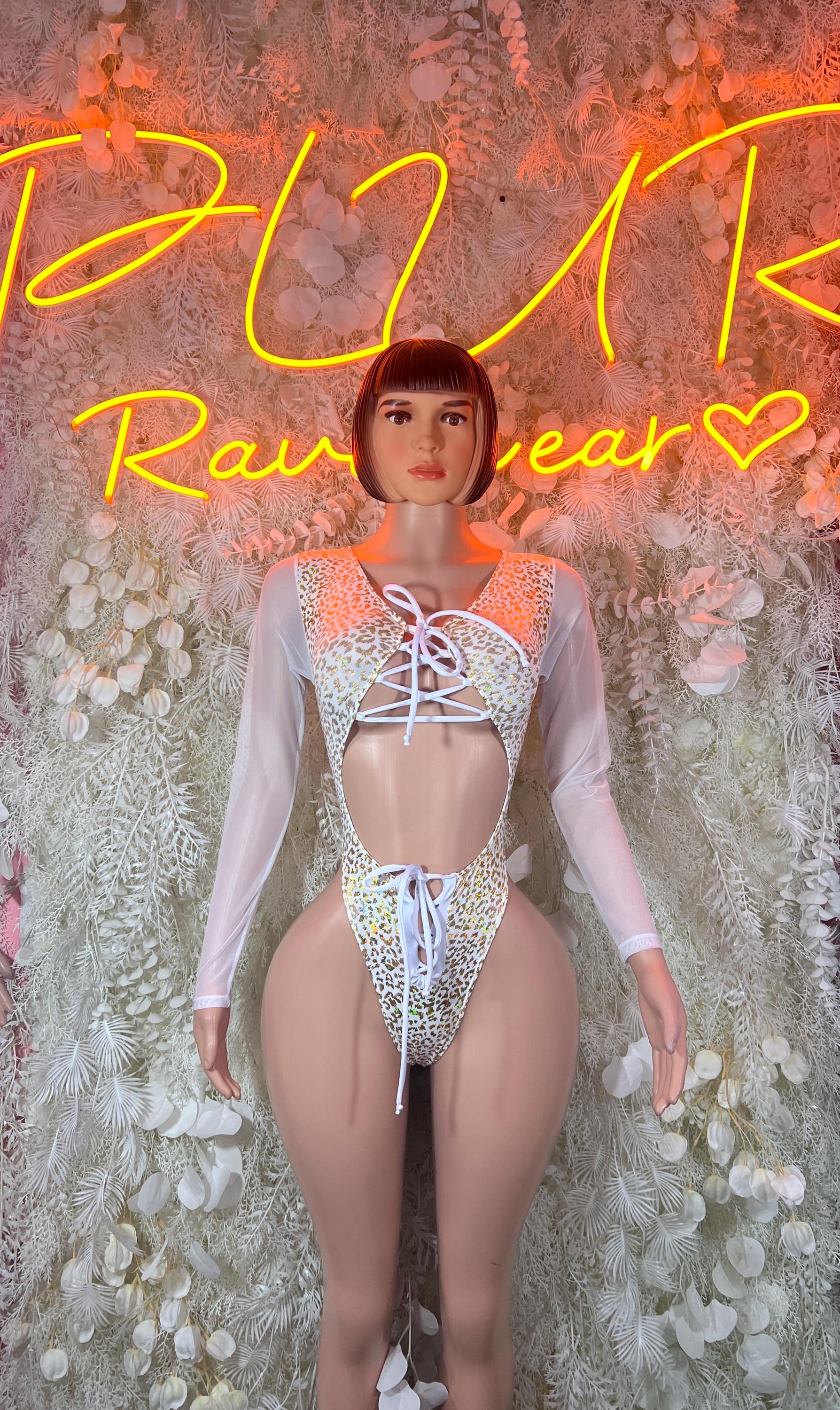 Gold cheetah-print bodysuit with white long sleeves and lace-up front, thong style