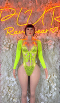 Neon green cheetah-print bodysuit, long sleeves, lace-up front