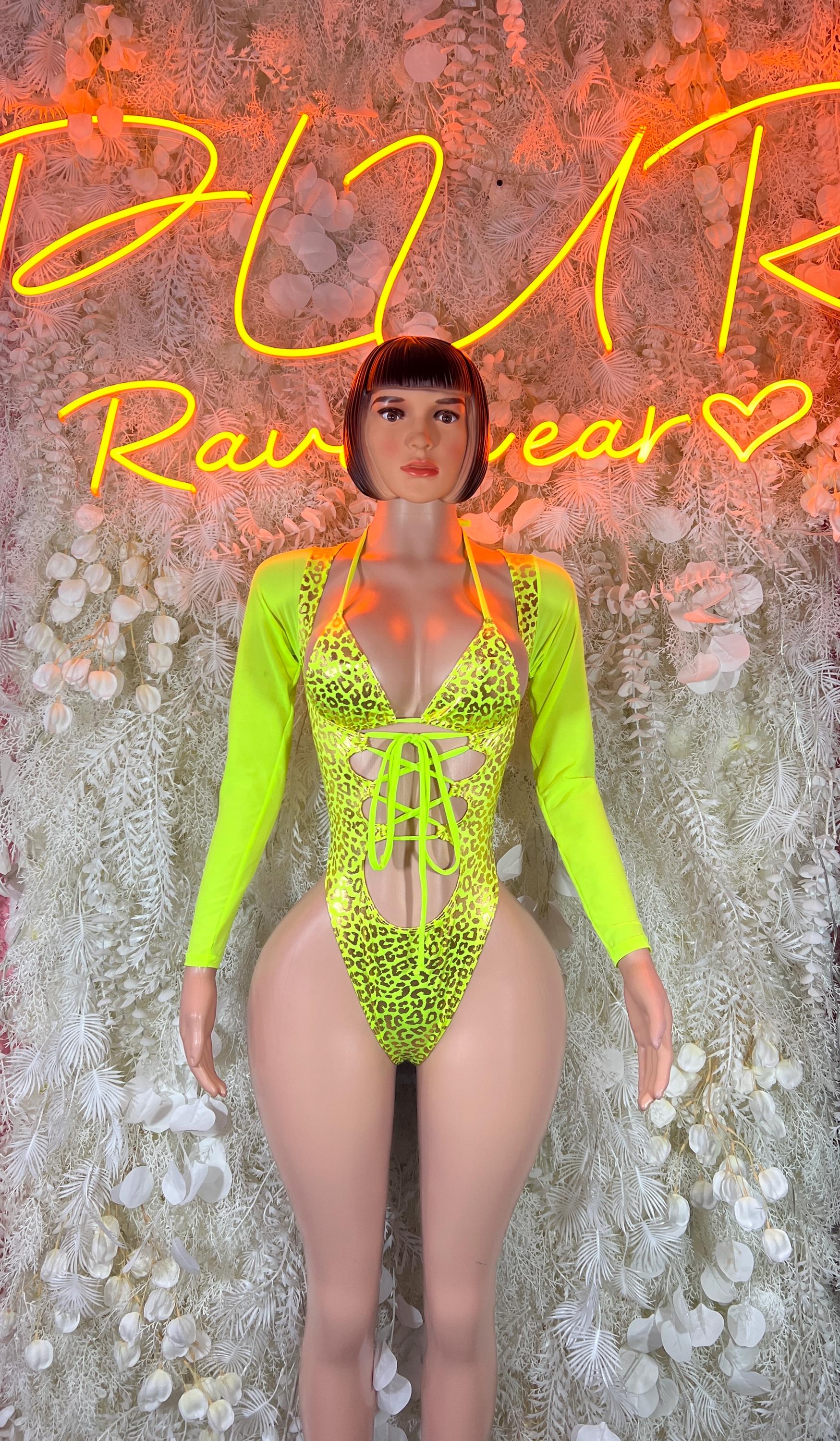 Neon green cheetah-print bodysuit, long sleeves, lace-up front
