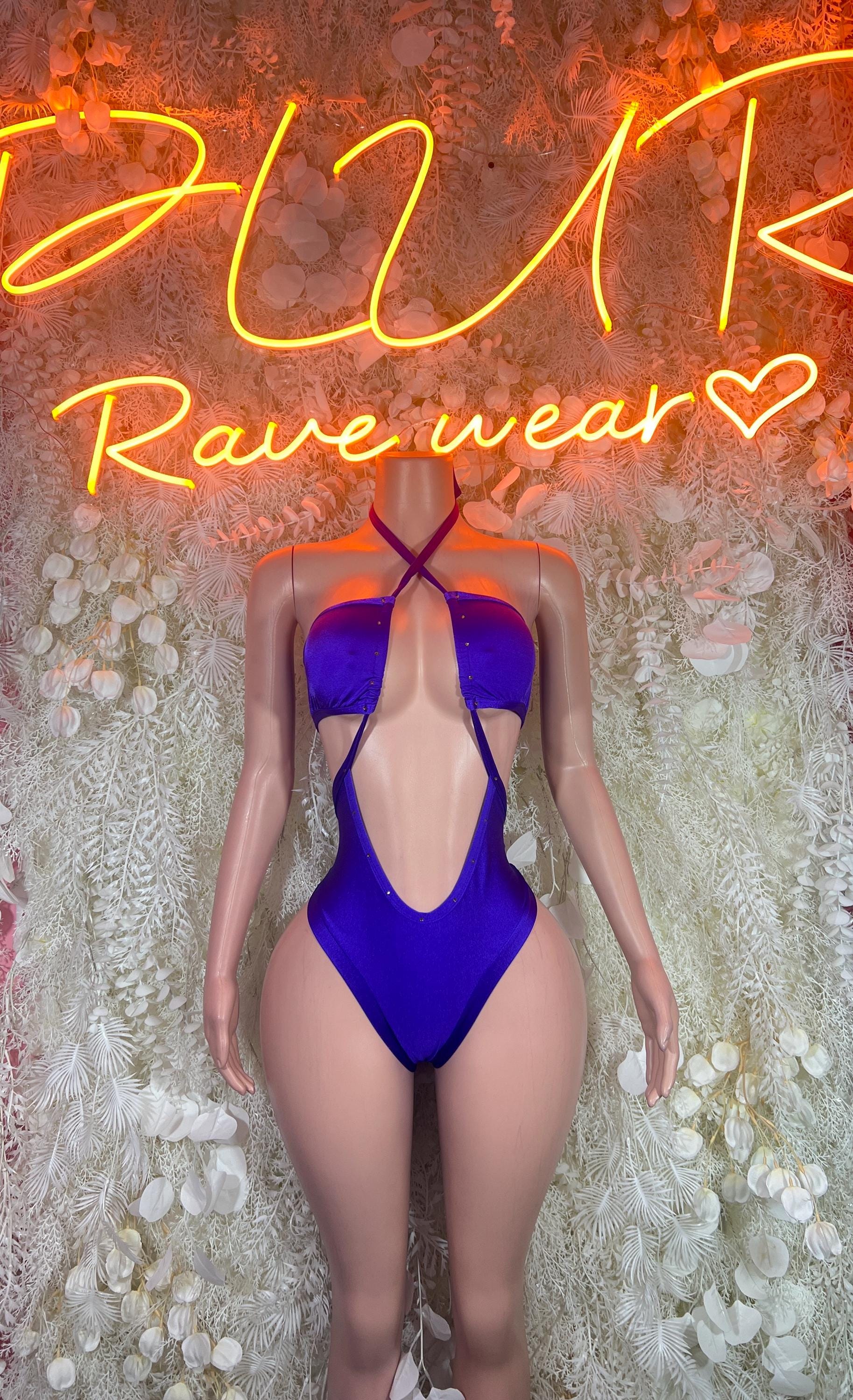 Purple rave bodysuit with halter front and crisscross open back straps