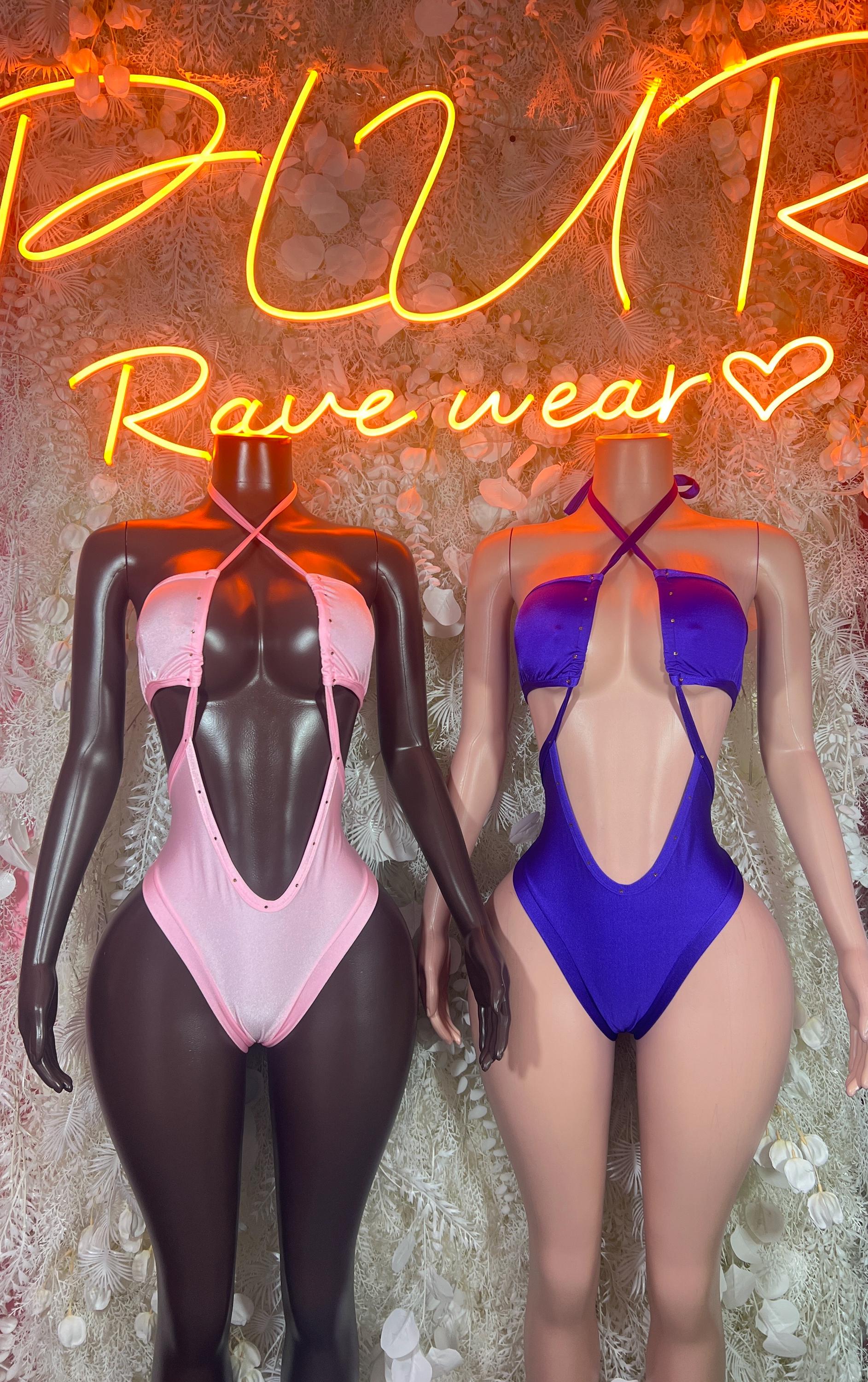 Purple rave bodysuit with halter neckline and thong bottom, open back