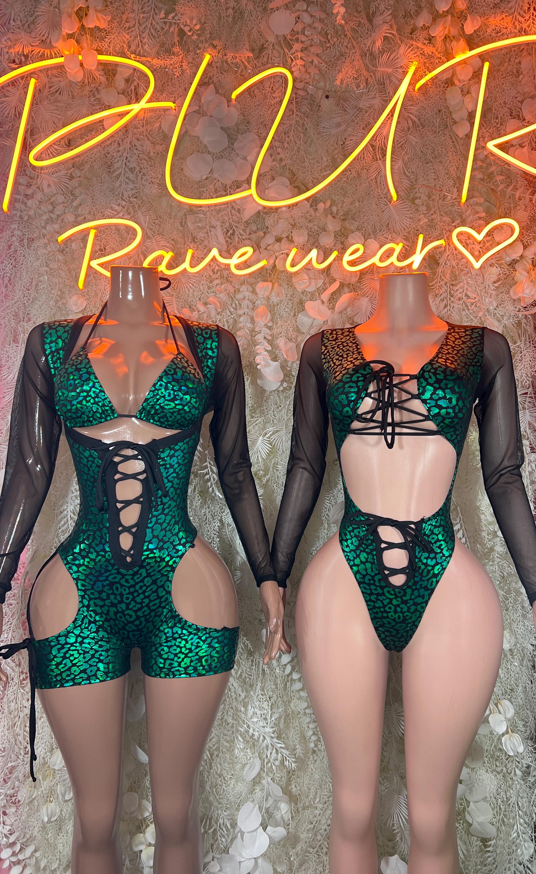 Bottlegirl Bodysuit Green Cheetah Metallic  - One Piece Bartender Outfit,  Dancewear, Party Clubwear ( small left )