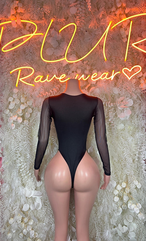 Bottlegirl bodysuit with long sheer sleeves, dark back, one-piece cutout design