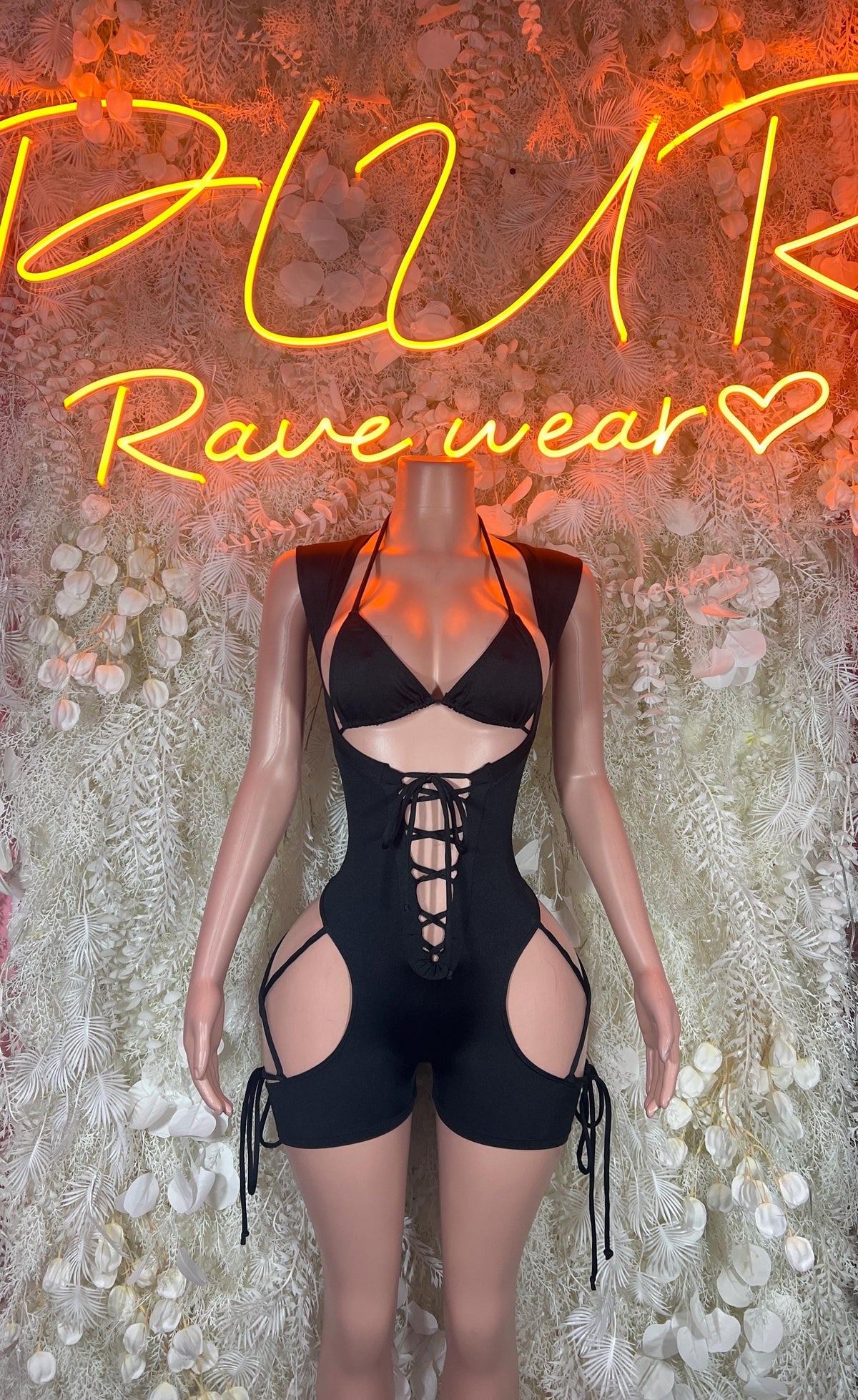 Black cutout lace-up one-piece bodysuit, halter V neck and side straps
