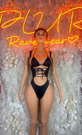 Black one-piece bodysuit with lace-up front and triangle bra cups