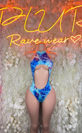 Blue one-piece bodysuit with high neck and open oval back cutout, sleeveless