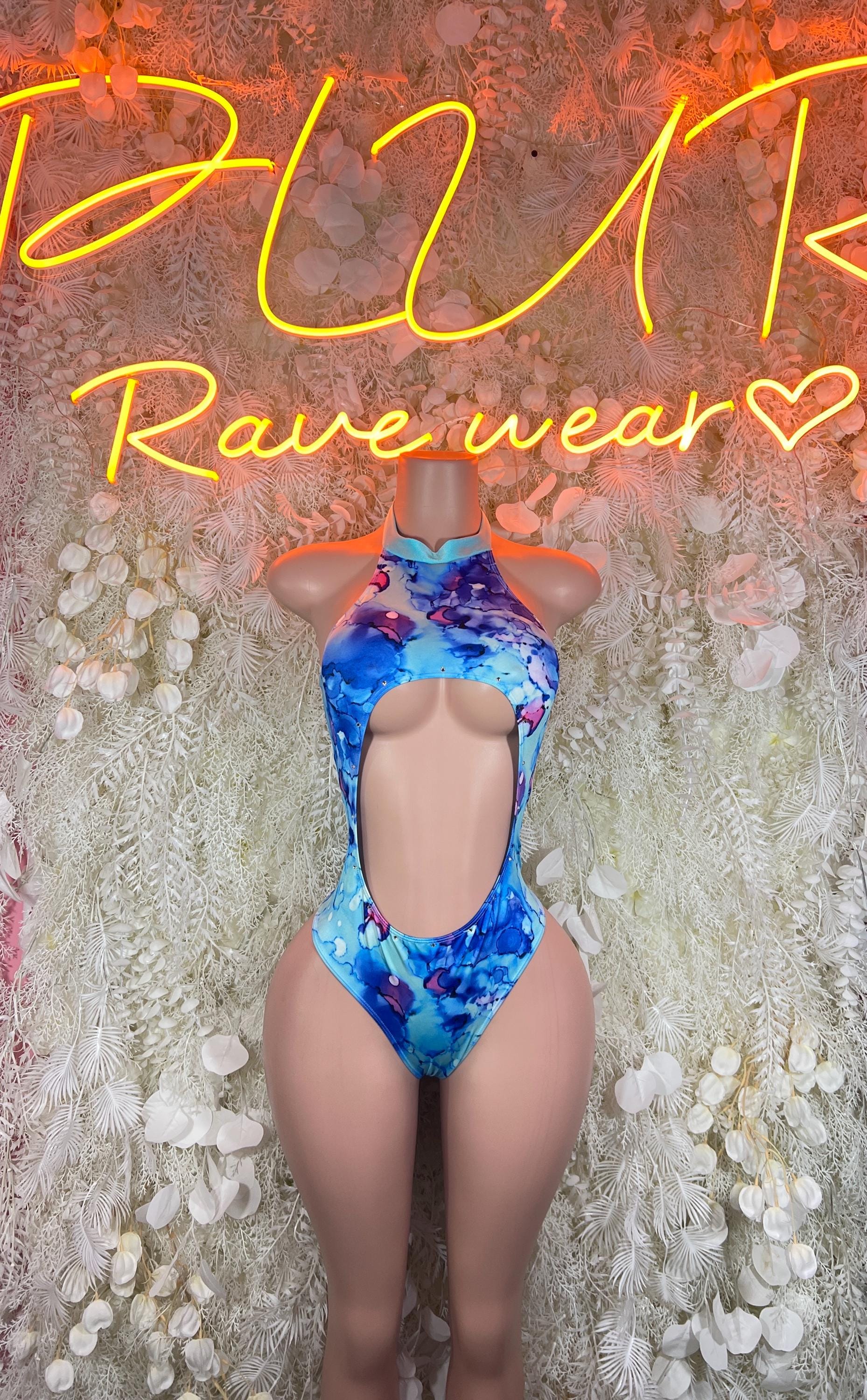 Blue one-piece bodysuit with high neck and open oval back cutout, sleeveless