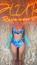 Blue tie-dye two-piece festival bodysuit set: crop top, high-leg briefs, long sleeves