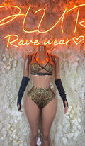 Cheetah print rave bodysuit set with long black gloves
