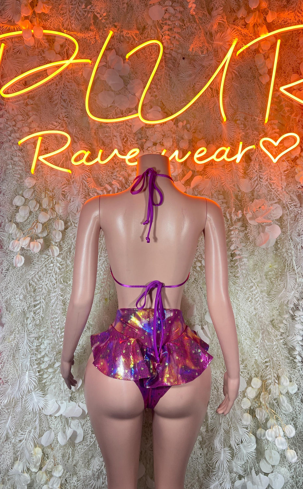 Purple metallic back-tie rave bikini set with halter top and high-waist bottoms