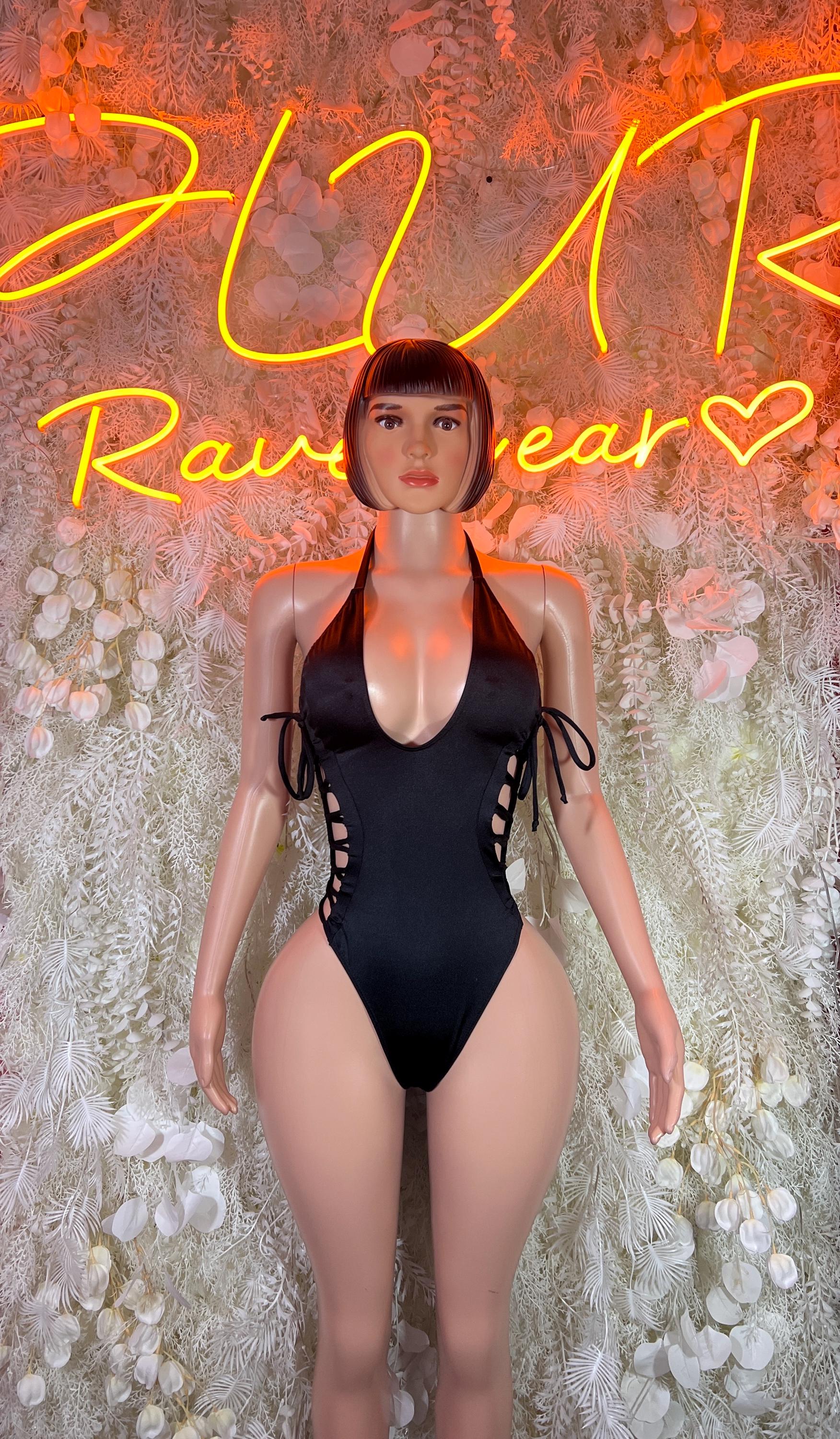 Black sleeveless bodysuit with deep V neckline and side tie accents