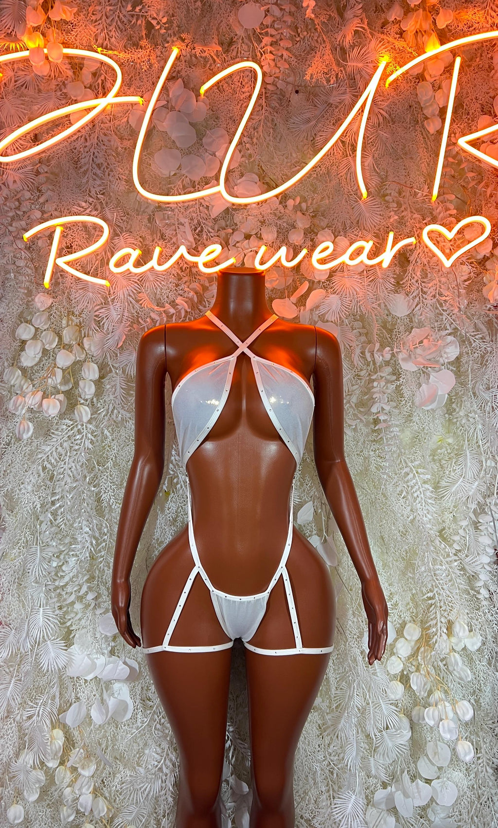 Silver metallic strappy one-piece bodysuit, halter front and thong-style bottoms