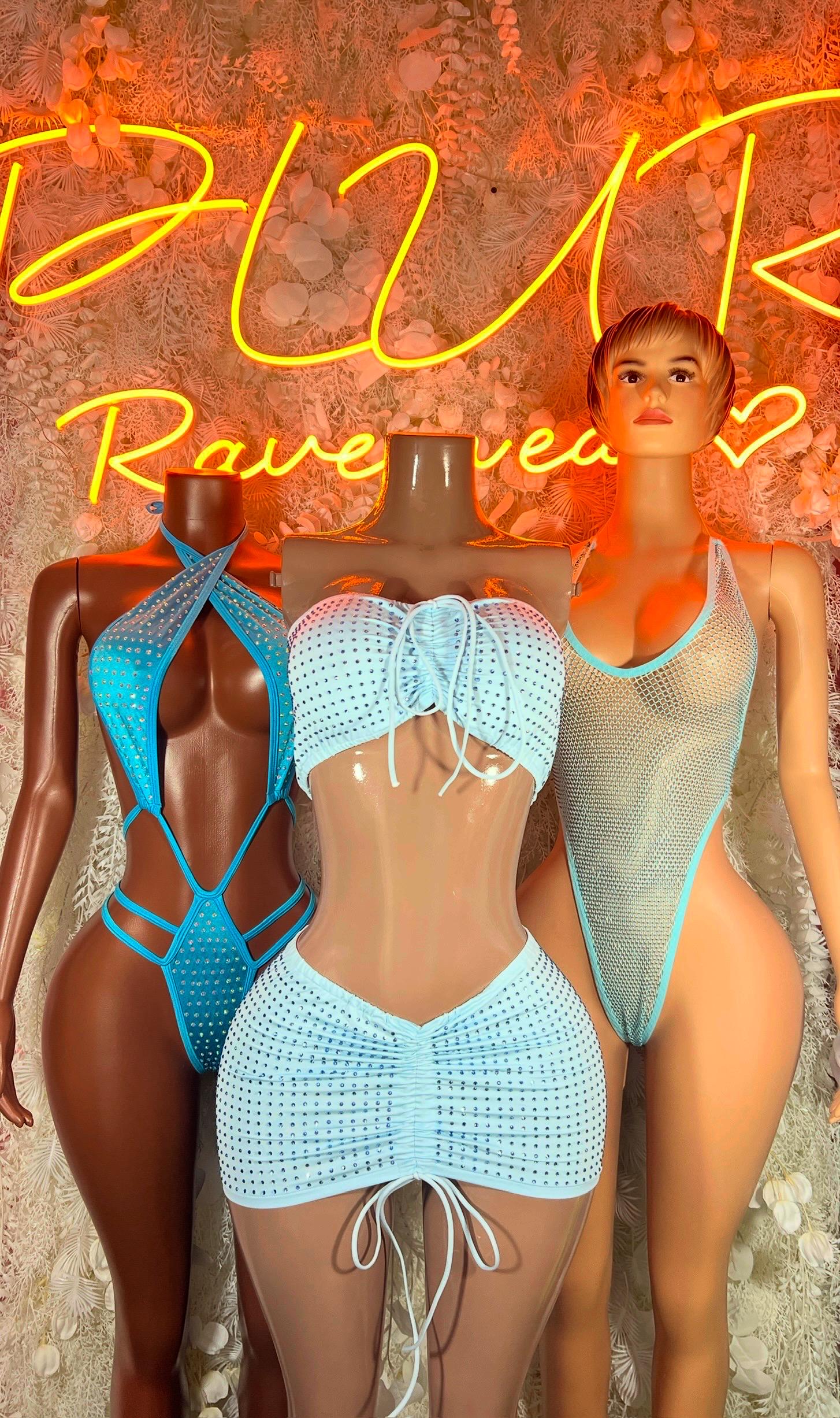 Blue fishnet bodysuit with tie-front detail and fringe trim