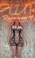 Black fishnet sleeveless bodysuit with lace-up crisscross front and high legs