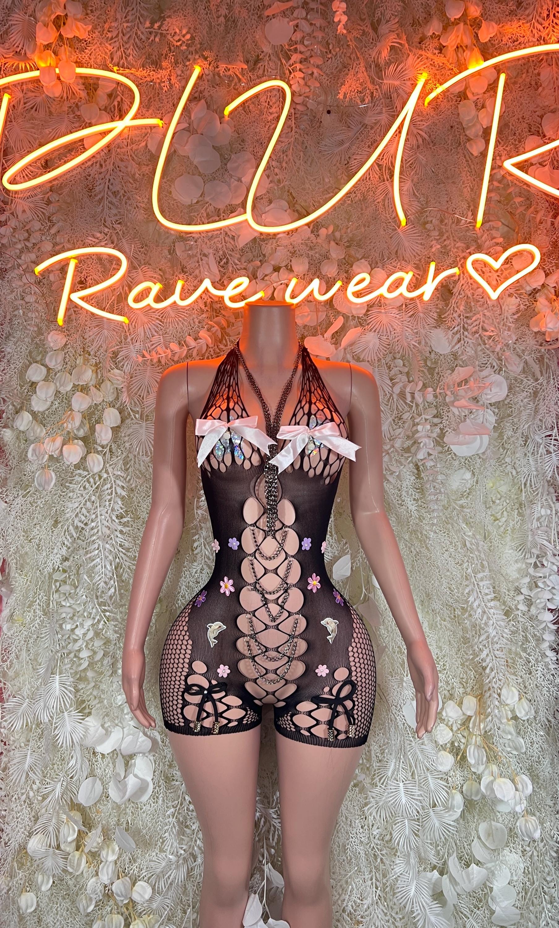 Black fishnet sleeveless bodysuit with lace-up crisscross front and high legs
