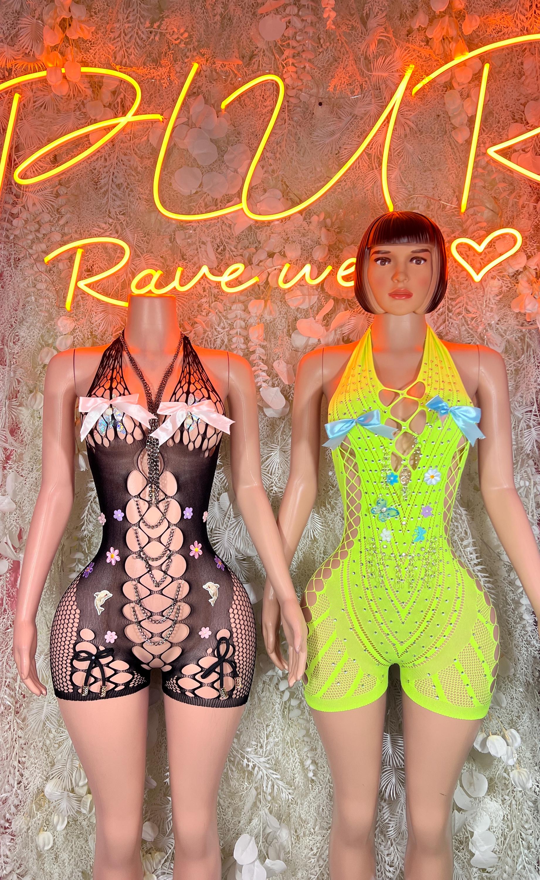 Black fishnet sleeveless bodysuit with lace-up front and high legs, front view